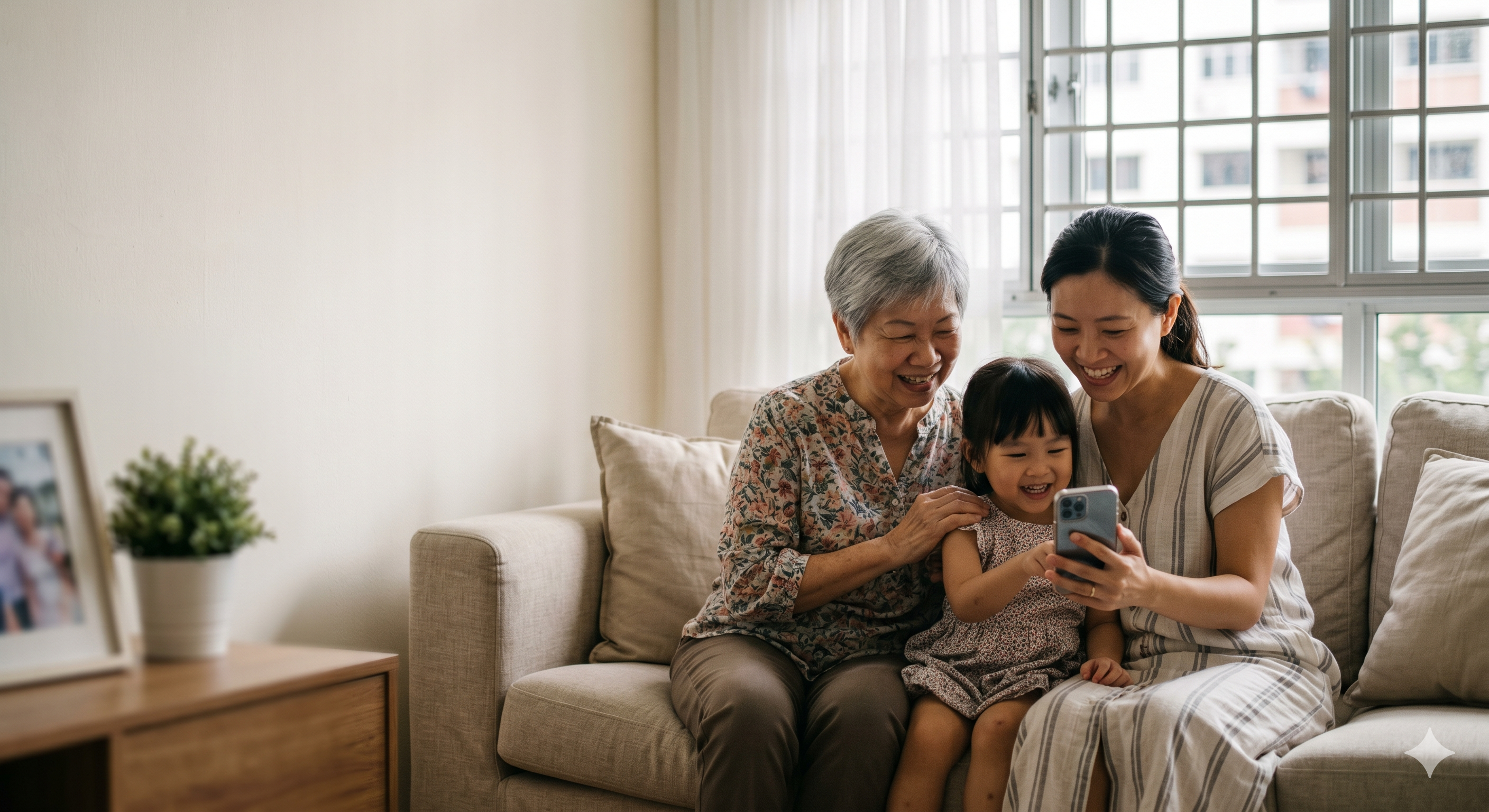 Three generations sitting together on a sofa and looking at a phone